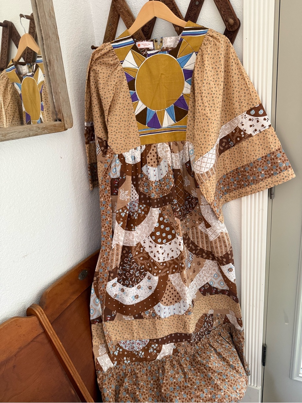 Vintage Handmade Boho Patchwork Midi Dress in Mustard & Brown